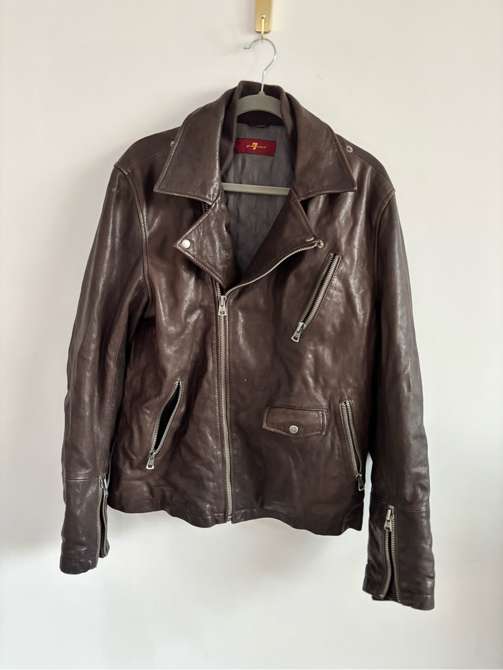 7 For All Mankind Brown Leather Bomber-Style Motorcycle Jacket